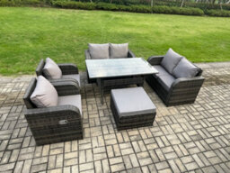 Fimous Rattan Outdoor Furniture Garden Dining Set Rectangular Table And Chair Sofa Set With Big Footstool Dark Grey Mixed - thumbnail 2