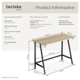 Tectake Desk Newton - Computer, Laptop, Writing Table 50 Cm - Industrial Wood Light, Oak Sonoma - thumbnail 6