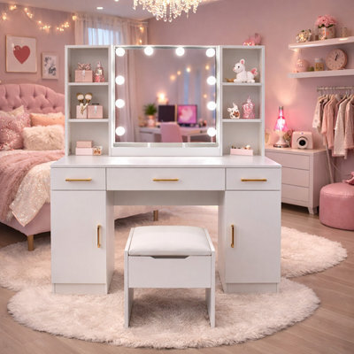 Harmin Modern White Dressing Table With Led Mirror, Stool, Usb & Power Socket - image 1