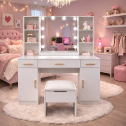 Harmin Modern White Dressing Table With Led Mirror, Stool, Usb & Power Socket - thumbnail 1