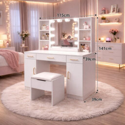 Harmin Modern White Dressing Table With Led Mirror, Stool, Usb & Power Socket - thumbnail 4