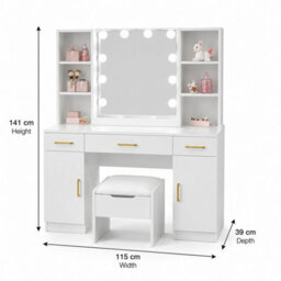 Harmin Modern White Dressing Table With Led Mirror, Stool, Usb & Power Socket - thumbnail 2