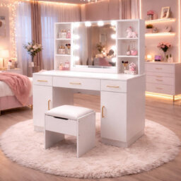 Harmin Modern White Dressing Table With Led Mirror, Stool, Usb & Power Socket - thumbnail 3
