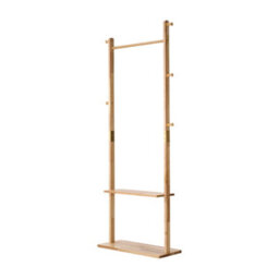 Living And Home Natural Wood Colour Rubberwood Freestanding Clothes Rack 5 Hooks Double Storage Shelves - thumbnail 4