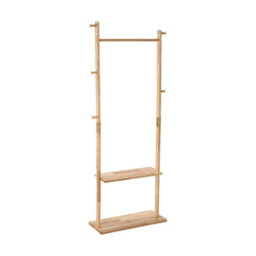 Living And Home Natural Wood Colour Rubberwood Freestanding Clothes Rack 5 Hooks Double Storage Shelves - thumbnail 1