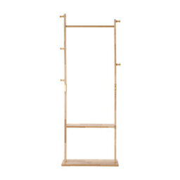 Living And Home Natural Wood Colour Rubberwood Freestanding Clothes Rack 5 Hooks Double Storage Shelves - thumbnail 2