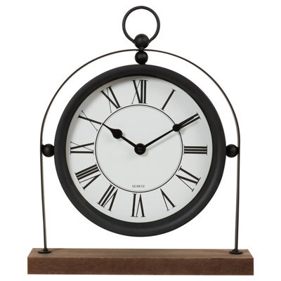 Biznest Metal Arc Frame Clock Analog Roman Numeral White Face Round Display Wood Base Quartz Movement Freestanding Mantle 31X26 Cm - image 1