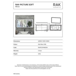 RAK Ceramics Rak Picture Soft 1200X600mm Matt Black Rectangular Illuminated Bathroom Mirror With Touch Sensor & Demister - thumbnail 2