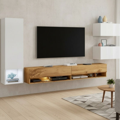 Amadeo Modern White Wotan Wall Unit Tv Cabinet And Hanging Storage With White Wotan Fronts - image 1