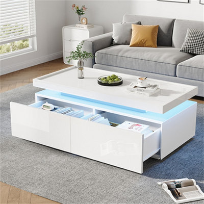 Abrihome High-Gloss Coffee Table With 2 Drawers, Led Lights, Modern Centre Table, Tea Table For Living Room, Office, 95X45X35Cm, White - image 1