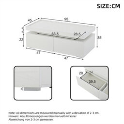 Abrihome High-Gloss Coffee Table With 2 Drawers, Led Lights, Modern Centre Table, Tea Table For Living Room, Office, 95X45X35Cm, White - thumbnail 5