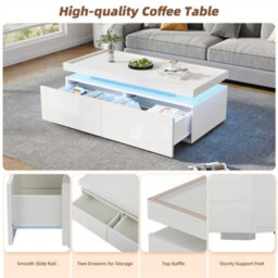 Abrihome High-Gloss Coffee Table With 2 Drawers, Led Lights, Modern Centre Table, Tea Table For Living Room, Office, 95X45X35Cm, White - thumbnail 3