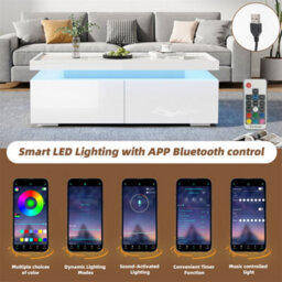Abrihome High-Gloss Coffee Table With 2 Drawers, Led Lights, Modern Centre Table, Tea Table For Living Room, Office, 95X45X35Cm, White - thumbnail 4