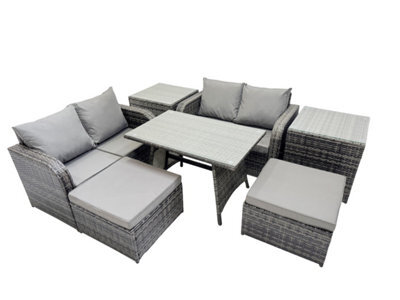 Fimous 6 Seater Garden Outdoor Rattan Furniture Set Rattan Sofa Oblong Dining Table With 2 Side Table Dark Grey - image 1