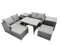 Fimous 6 Seater Garden Outdoor Rattan Furniture Set Rattan Sofa Oblong Dining Table With 2 Side Table Dark Grey - thumbnail 1