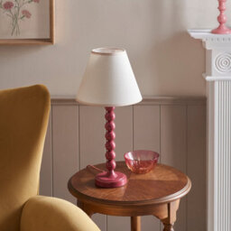 Luminosa Lighting Luminosa Higgledy Gloss Pink Clay Paint Table Lamp With Vintage White Fabric Ivy Shade 25Cm E14 - thumbnail 3