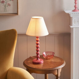 Luminosa Lighting Luminosa Higgledy Gloss Pink Clay Paint Table Lamp With Vintage White Fabric Ivy Shade 25Cm E14 - thumbnail 2