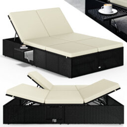 Casaria 2 Person Polyrattan Double Sun Lounger, Black Cream, 200X115 Cm - thumbnail 1