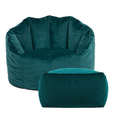 icon Sirena Scallop Chair Bean Bag And Footstool Teal Green Velvet Bean Bags - image 1