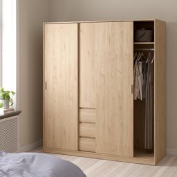 Tvilum Esla Scandinavian Matt Jackson Hickory Oak Effect 3 Drawer Large Triple Sliding Door Wardrobe (H)2004mm (W)1770mm (D)600mm - thumbnail 2