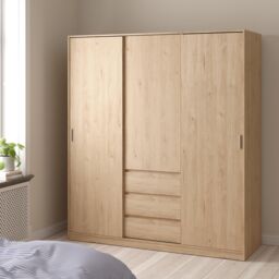 Tvilum Esla Scandinavian Matt Jackson Hickory Oak Effect 3 Drawer Large Triple Sliding Door Wardrobe (H)2004mm (W)1770mm (D)600mm - thumbnail 7