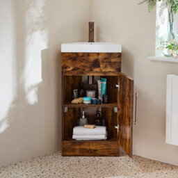 Homestylestore 450mm Dark Oak Floorstanding Corner Bathroom Vanity Unit And Aged Bronze T Bar Handle - thumbnail 2