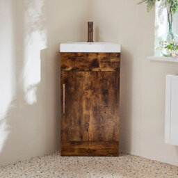 Homestylestore 450mm Dark Oak Floorstanding Corner Bathroom Vanity Unit And Aged Bronze T Bar Handle