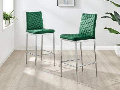 Furniturebox Set Of 2 Milan Green Diamond-Stiched Soft Touch Velvet Silver Chrome Leg Padded Counter Stools - image 1