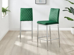 Furniturebox Set Of 2 Milan Green Diamond-Stiched Soft Touch Velvet Silver Chrome Leg Padded Counter Stools - thumbnail 9