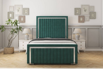 "Sloomy Boston Chrome Emerald Plush Bed Frame With 50"" Upholstered Headboard 3' Single" - image 1