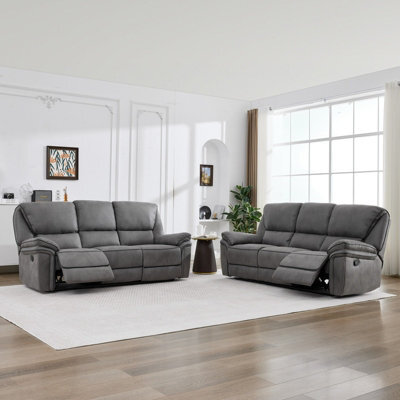 Manual Reclining Leathaire Sofa Suite, Light Gray - 3+3 Seater - image 1