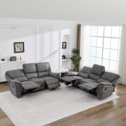 Manual Reclining Leathaire Sofa Suite, Light Gray - 3+3 Seater - thumbnail 4