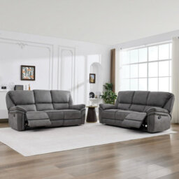Manual Reclining Leathaire Sofa Suite, Light Gray - 3+3 Seater - thumbnail 1