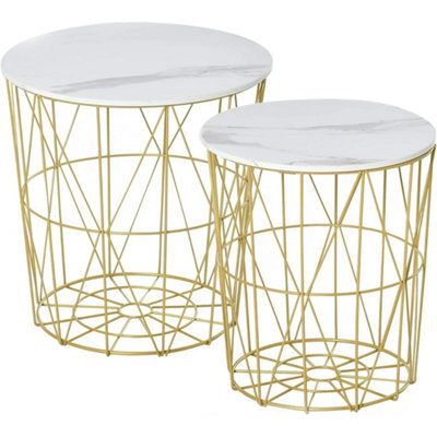 Nest Of 2 Side Tables White & Gold Metal Frame Storage Coffee Nightstand - image 1