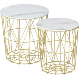 Nest Of 2 Side Tables White & Gold Metal Frame Storage Coffee Nightstand - thumbnail 1