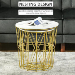 Nest Of 2 Side Tables White & Gold Metal Frame Storage Coffee Nightstand - thumbnail 4