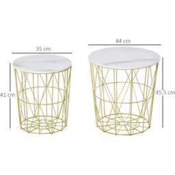 Nest Of 2 Side Tables White & Gold Metal Frame Storage Coffee Nightstand - thumbnail 2