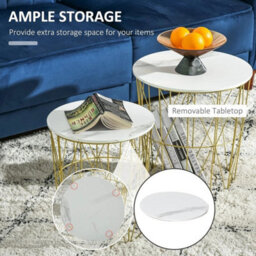 Nest Of 2 Side Tables White & Gold Metal Frame Storage Coffee Nightstand - thumbnail 3