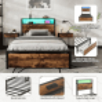 Matteo Modern 3Ft Single Metal Bed Frame With Integrated Led Light, Usb Charging & Under-Bed Storage Drawer - Black & Walnut Effect - image 1