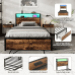 Matteo Modern 3Ft Single Metal Bed Frame With Integrated Led Light, Usb Charging & Under-Bed Storage Drawer - Black & Walnut Effect - thumbnail 1