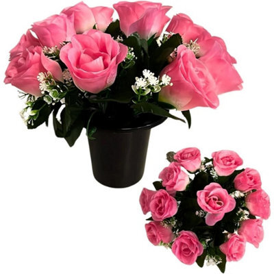 Pack Of 2-Grave Flower Pot Artificial Pink 12 Head Memorial Decor Flowers - image 1