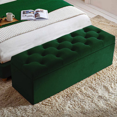 120Cm Chesterfield Ottoman Storage Box- Plush Velvet Shoe Bench - Forest Green Chesterfield Upholstered Blanket Box - image 1