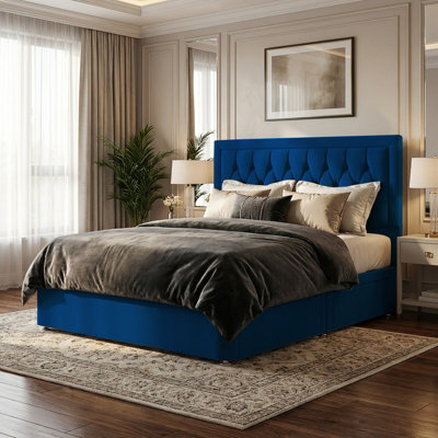 "Adore Designs Diamond Cut Bumper Plush Velvet Divan Bed, 50"" Headboard - 5Ft Kingsize - Blue - 2 Drawers Same Side" - image 1