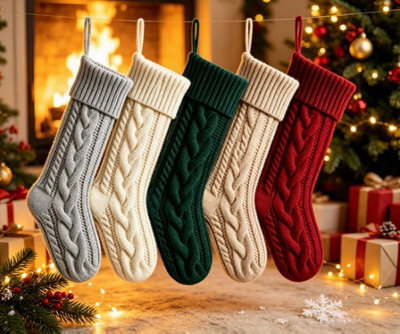 Amorly 5Pcs Cable Knitted Christmas Stockings, Hanging Christmas Stockings For Fireplace, Holiday Party Family Home Decor - image 1
