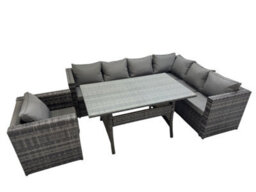 Fimous Rattan Garden Furniture Set Outdoor 7 Seater Patio Dining Corner Sofa Sets With Dining Table Chair Dark Grey Mixed