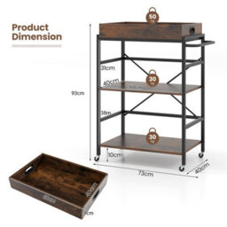 Gainoom Kitchen 3-Tier Bar Cart Industrial Serving Cart W/detachable Tray - thumbnail 2