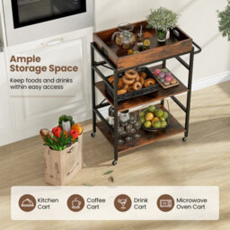 Gainoom Kitchen 3-Tier Bar Cart Industrial Serving Cart W/detachable Tray - thumbnail 7