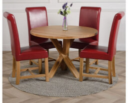 That's Furniture Oregon Round Oak Dining Table And 4 Chairs Dining Set With Washington Burgundy Leather Chairs