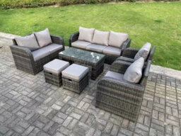 Fimous 9 Seater Dark Grey Pe Rattan Garden Furniture Set Reclining Chair Love Seat 3 Seater Sofa Set Coffee Table - thumbnail 1