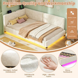 Merax 3Ft Single Daybed 90 X 190 Cm, Boucle Upholstered Bed With Rgb Led Lights, Usb & Type-C Charging Station, Beige - thumbnail 5